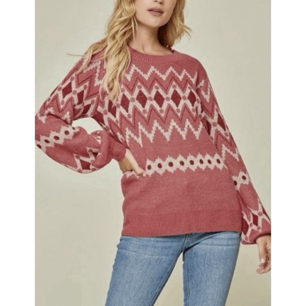 Savanna Jane Fair Isle Knit Sweater Sz 1X Balloon sleeve Pink Mauve Relaxed